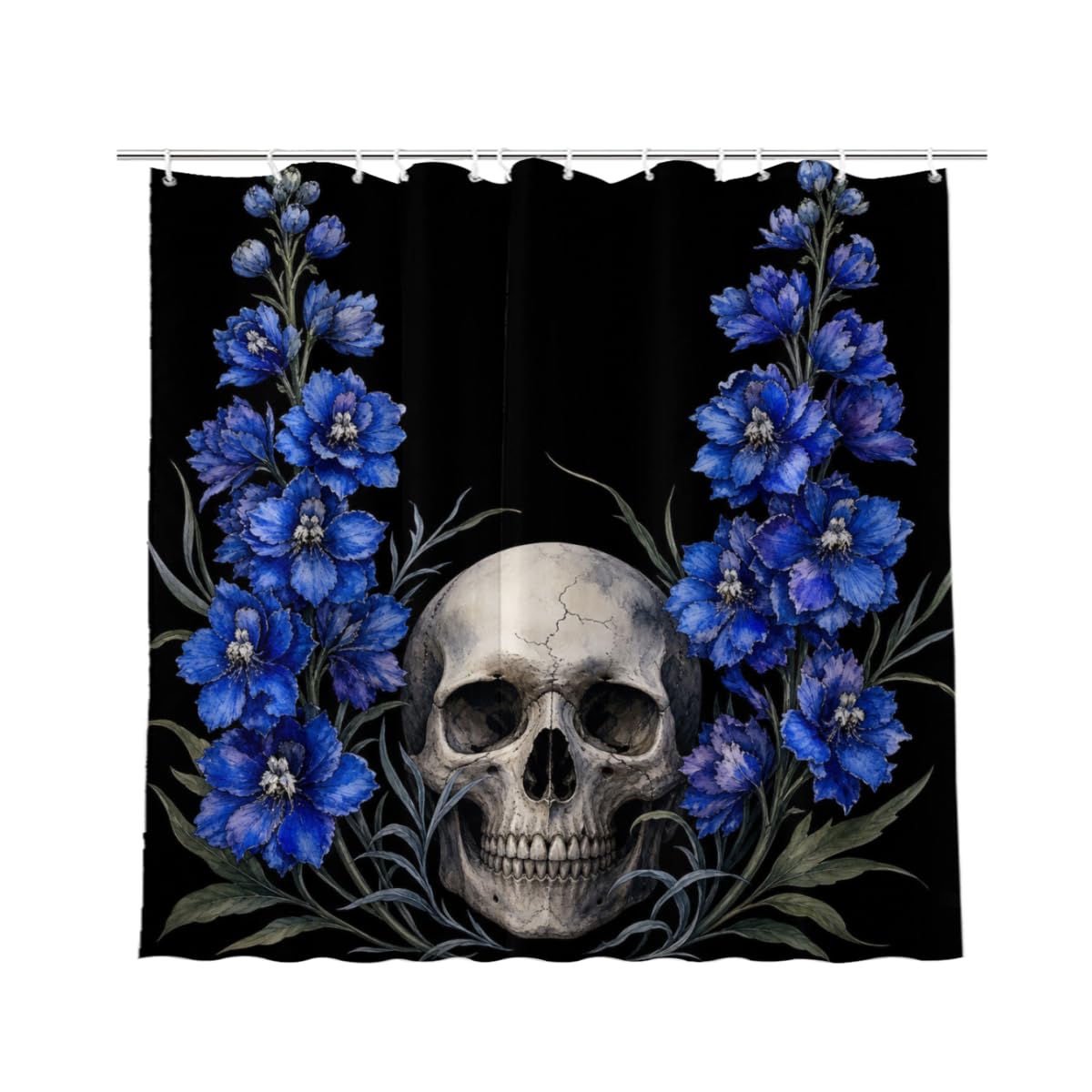 TopPacific Skull Blue Delphinium Shower Curtain 72x72 Inch Shower Curtain with 12 Hooks Polyester Skull Blue Delphinium Flowers Black Background Bathroom Decor
