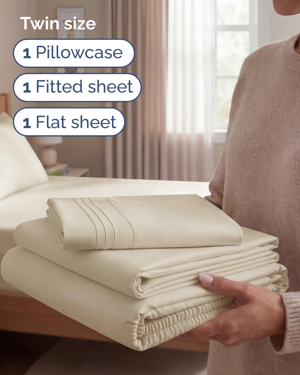 Twin Size 3 Piece Sheet Set - Comfy Breathable & Cooling Sheets - Hotel Luxury Bed Sheets for Women & Men - Deep Pockets, Easy-Fit, Extra Soft and Wrinkle Free Sheets - Wheat Oeko-Tex Bed Sheet Set