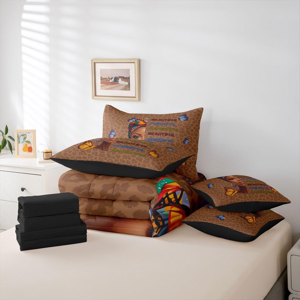 Erosebridal Cute Black Girls Queen Bedding Set Stylish Leopard Print Comforter Set with Flat and Fitted Sheet Teen Colorful Headwrap 7-Piece Bed in a Bag Women Empowering Words Butterfly Quilt Sets