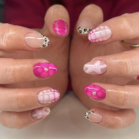 24Pcs Pink Press on Nails Short Almond Fake Nails Star Flower with Leopard French Tip Stick on Acrylic Nails Reusable Glossy Full Cover Glue on Nails Floral False Nails for Women Decorations
