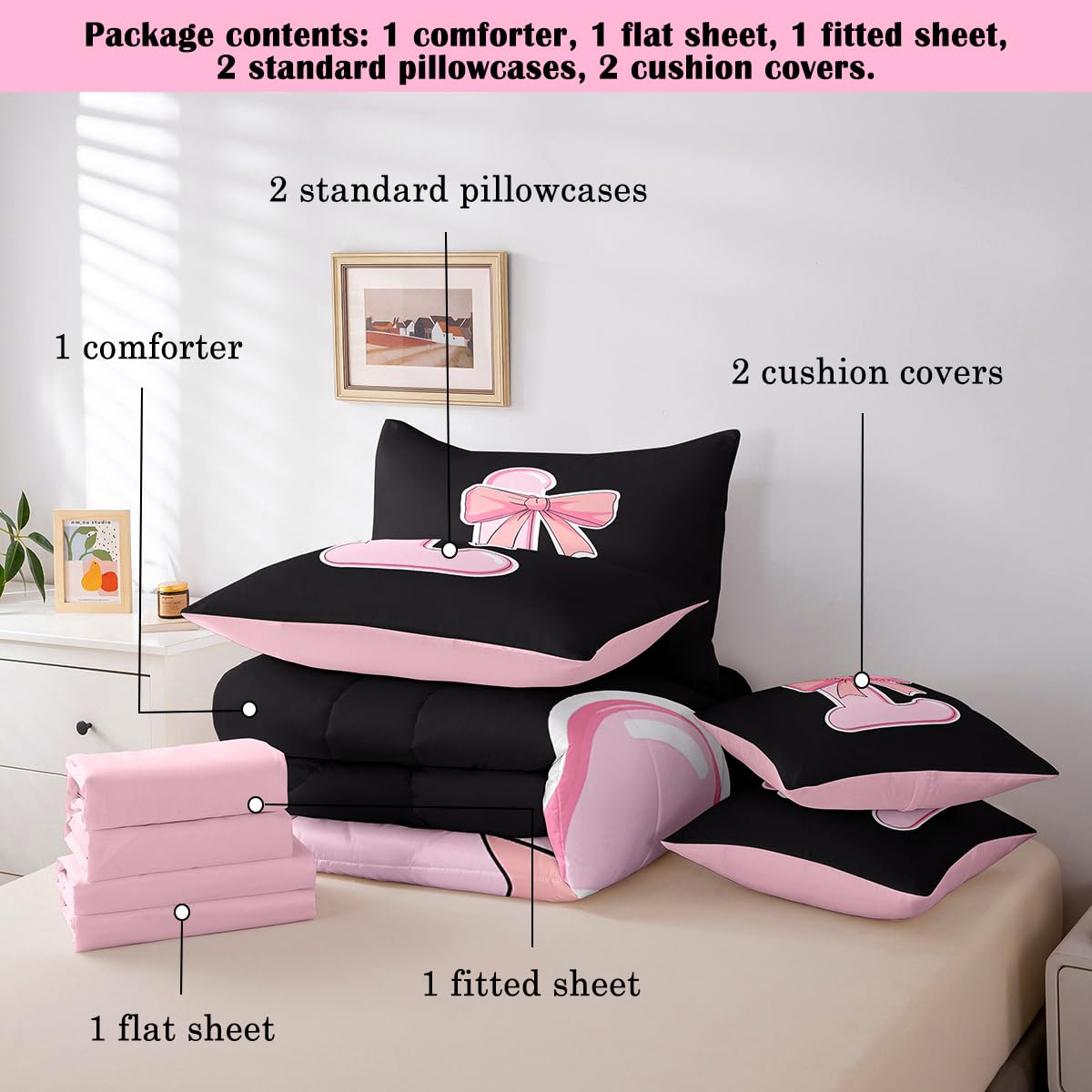 jejeloiu Kawaii Pink Bow Twin Comforter Set with Sheets,Gifts for Women Teen Girl,Personalized Initial Letter L 7 Piece Bedding Set,Soft Monogrammed Bed in a Bag with Comforter,Sheets,Pillowcases