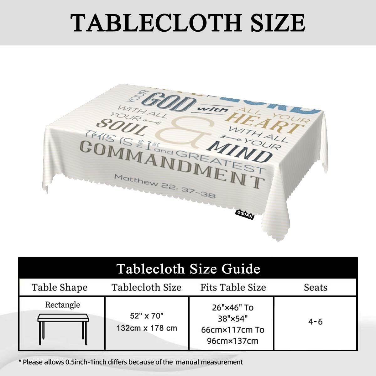 Swono Love God 52"X70" Oblong Table Cloth Christian Verse Bible Quote Zigzag Wrinkle Free Table Cover Farmhouse Tablecloth for Home Restaurant Picnic Indoor Outdoor Dining