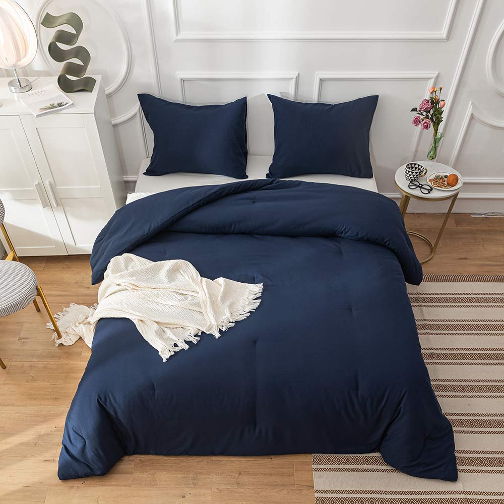 KAREVER Navy Blue Comforter Queen Bedding Set Women Soft Dark Navy Bedding Comforter Set Men Breathable Durable Bed Set