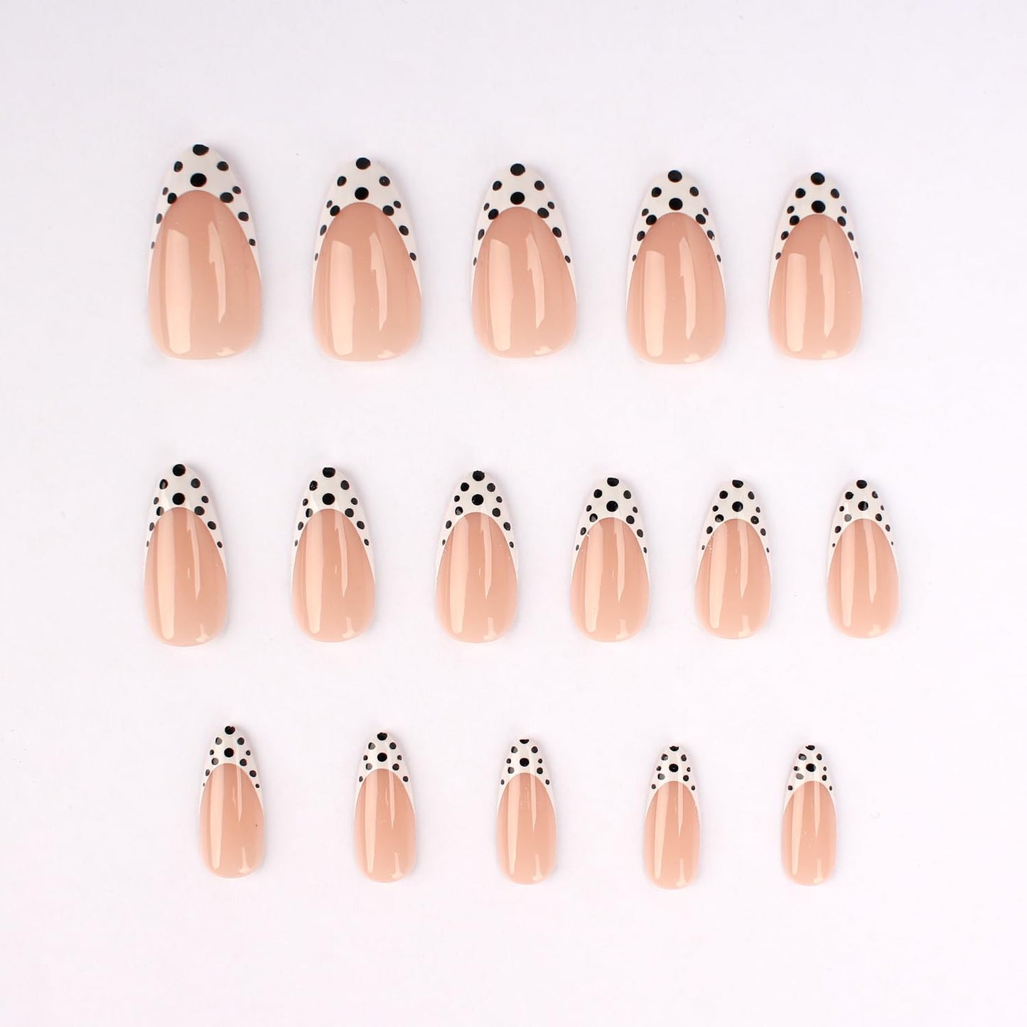Press On Nails Almond Medium – Nude Pink French Tips with Black & White Polka Dot Design, 24PCS Glossy Acrylic Fake Nails, Reusable Stick On Nails Kit with Glue & Tools for Women, Trendy DIY Manicure
