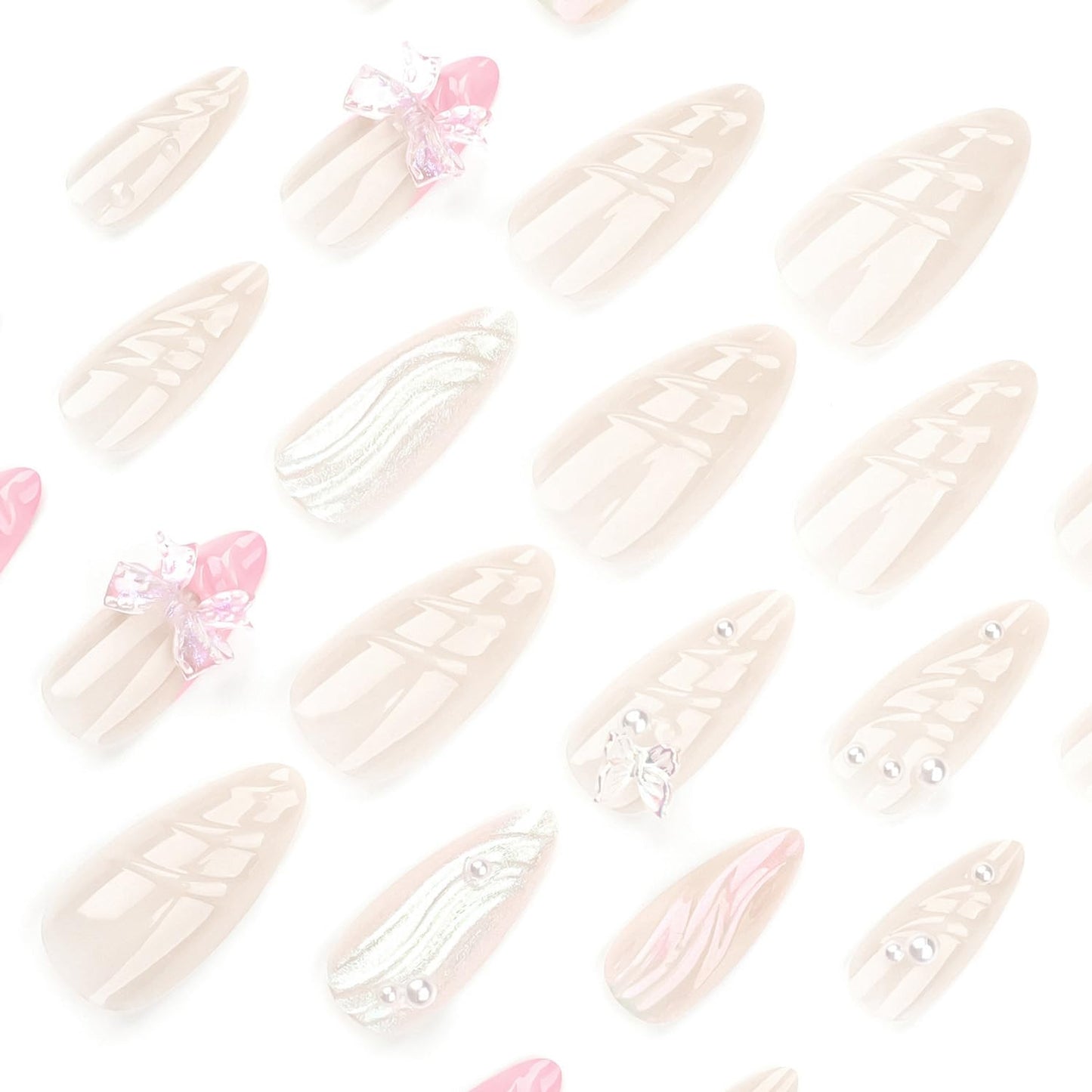 LPOODDNU 3D Almond Press on Nails Medium Fake Nails Acrylic Handmade Glue on Nails with 3D Butterfly Bow Designs Full Cover Stick on Nails Cute Almond Medium False Nails for Women Manicure 24Pcs