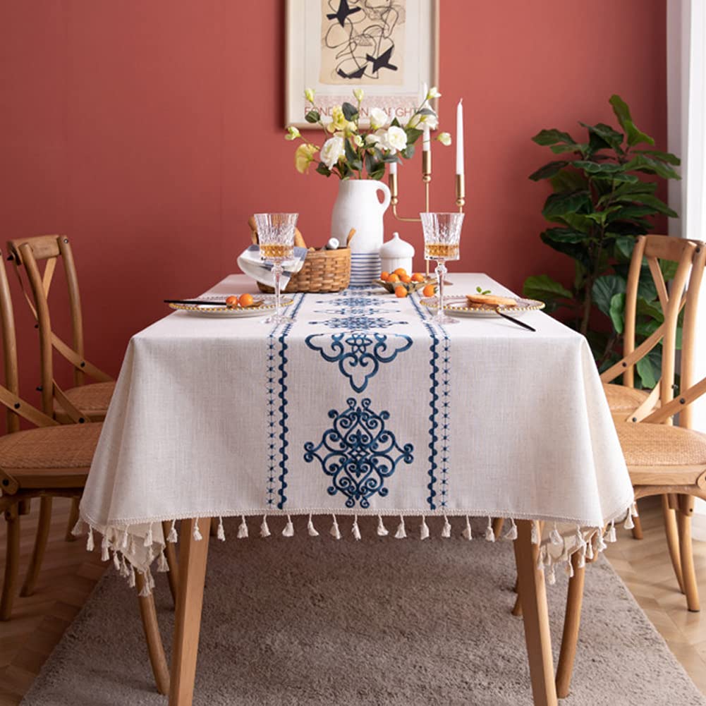 AMZALI Table Cloth Embroidery Damask Pattern Wrinkle Free Heavy Weight Cotton Linen Farmhouse Tablecloth Decorative Fabric Tassel Table Cover for Outdoor and Indoor Use (Rectangle,55 x 102 Inch)