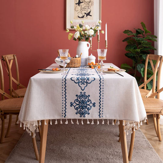AMZALI Table Cloth Embroidery Damask Pattern Wrinkle Free Heavy Weight Cotton Linen Farmhouse Tablecloth Decorative Fabric Tassel Table Cover for Outdoor and Indoor Use (Rectangle,55 x 102 Inch)