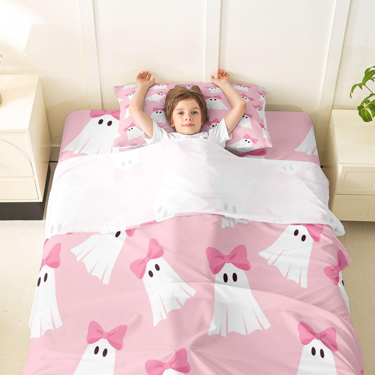 Feelyou Cute Pink Halloween Bed Sheets Set Twin Size Halloween Bow Ghost Bed Set Kawaii Ghost Deep Pocket Fitted Sheet Breathable Soft Lightweight Microfiber