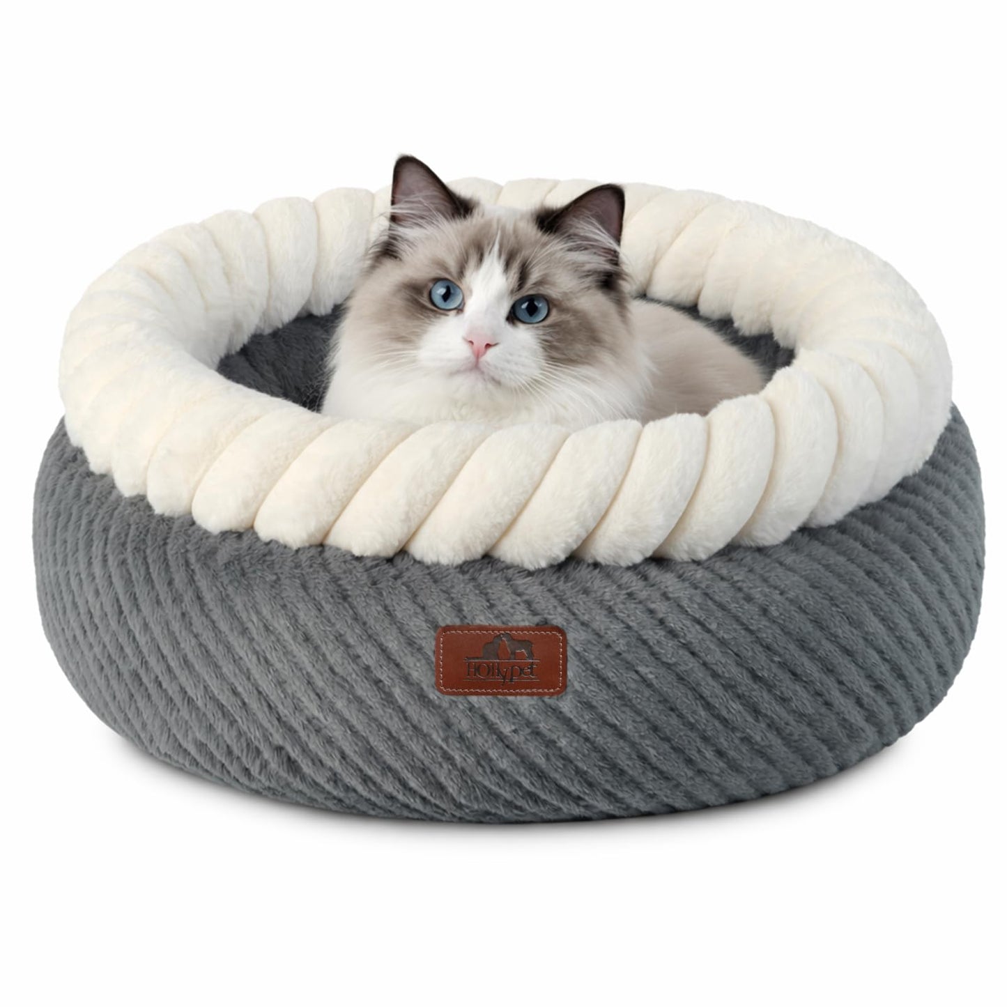 Hollypet Cat Bed for Indoor Cats Kitty Beds, Round Washable Fluffy Small Dog Bed, Soft Cozy Plush Pet Beds for Puppy and Kitten with Non-Slip Bottom (20" D * 8" Th, Gray)