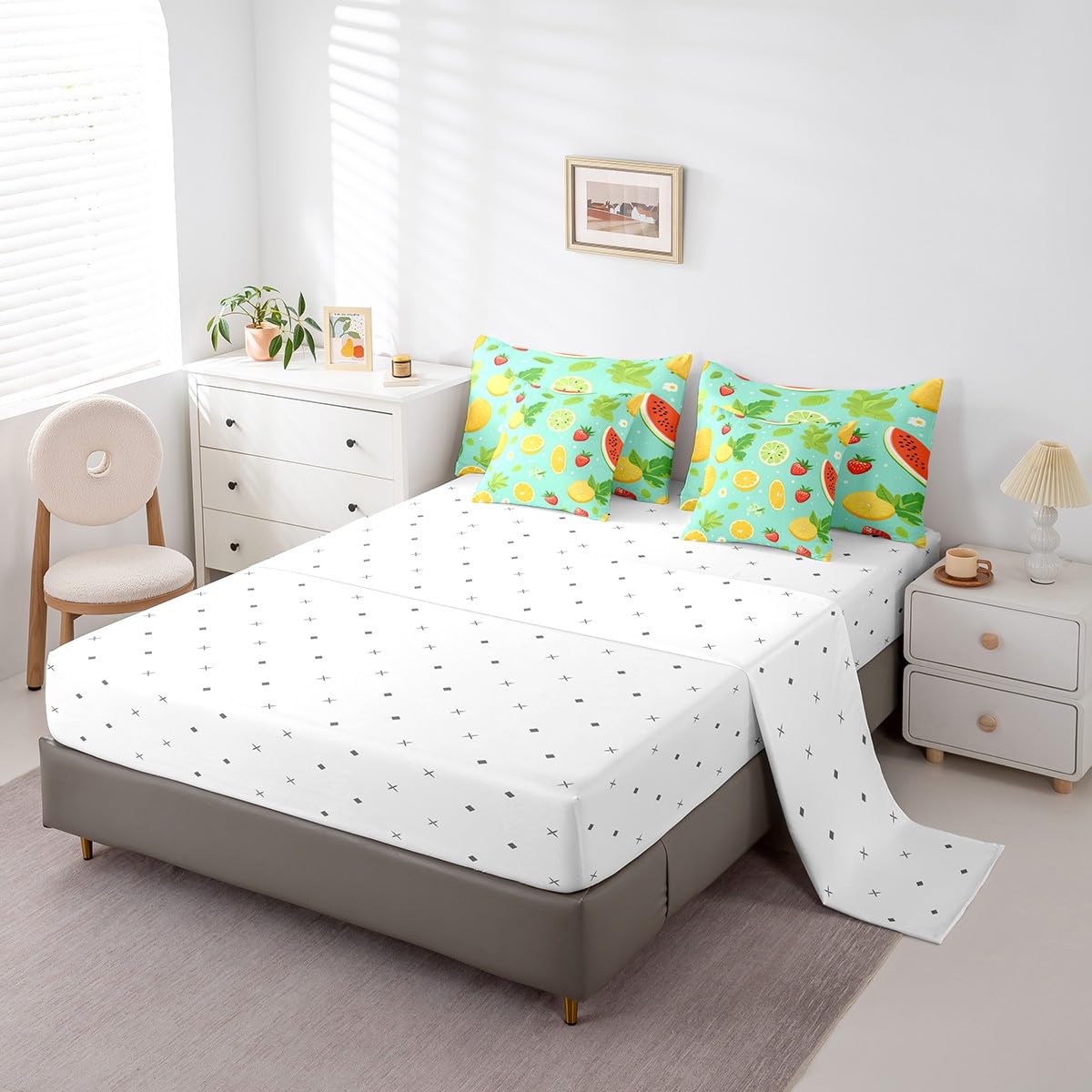Erosebridal Tropical Fruit Full Bedding Sets 7-Piece Strawberry Lemon Comforter Set Summer Holiday Comforter Set with Sheets White Daisy Flower Leaves Bed in A Bag,Children Blue Soft Home Decor