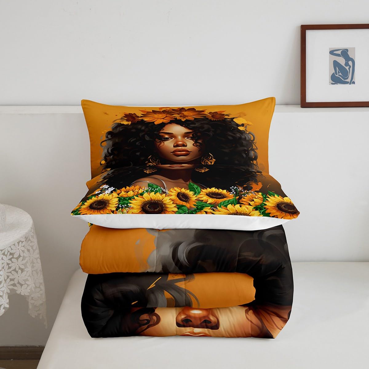 Homewish American African Comforter Set Queen Size,Lovely Black Woman Bedding Set for Kids Girls Teens Adult Room Decor,3D Sunflower Quilt Set 3Pcs Nature Romantic Beauty Duvet Insert,2 Pillowcases