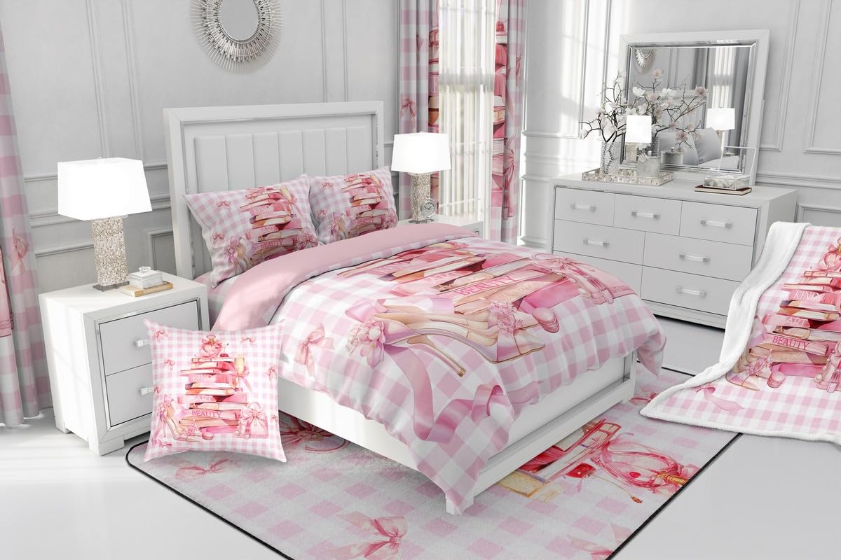 Erosebridal Girly Cute King Bedding Set for Teen Girl Kids | Pink Modern Fashion Comforter Set Pink White Plaid Bed Collections Trendy Coquette Duvet Quilt Sets