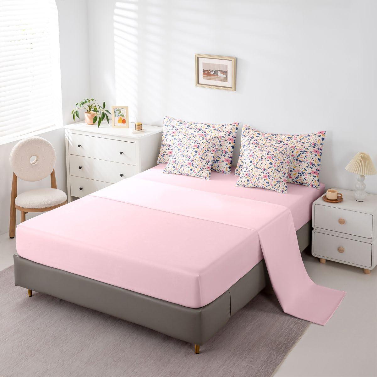 Erosebridal Floral Flowers Girly Pink Yellow 7 Piece Bedding Set Twin | Garden Botanical Comforter Set with Sheets Leaves Aesthetic Bed in A Bag Teens Women Adults Bed Sets