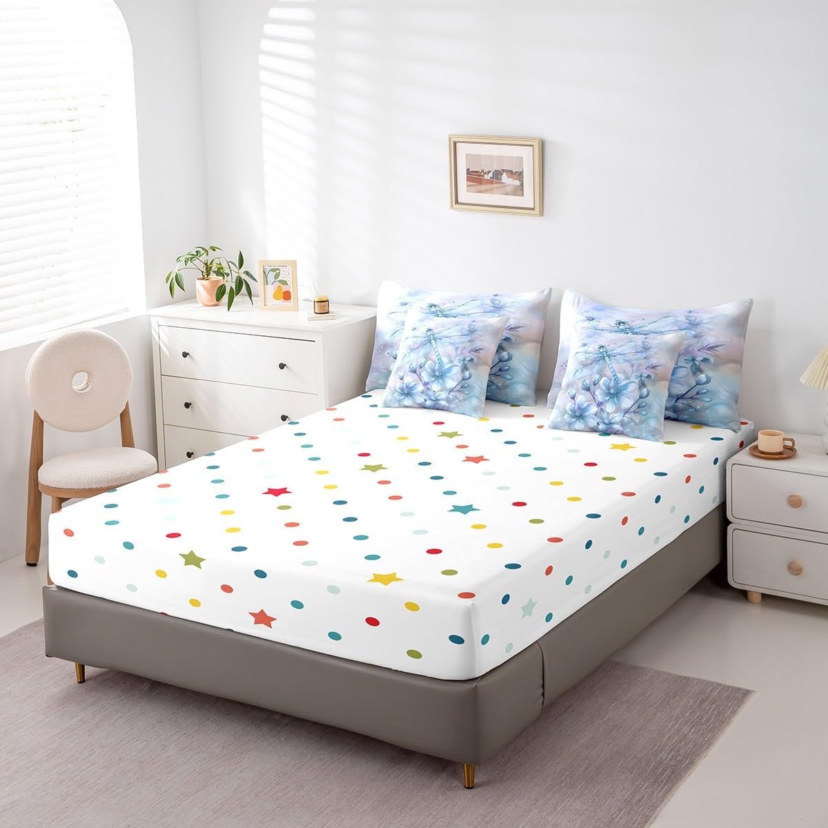 Erosebridal Blue Dragonfly Bedding Set 7Pcs,Water Lily Floral Comforter Set Queen for Kids Boys Girls Women,Dreamy Fairy Princess Style Quilt,Geometric Flying Wild Animal Bed in a Bag