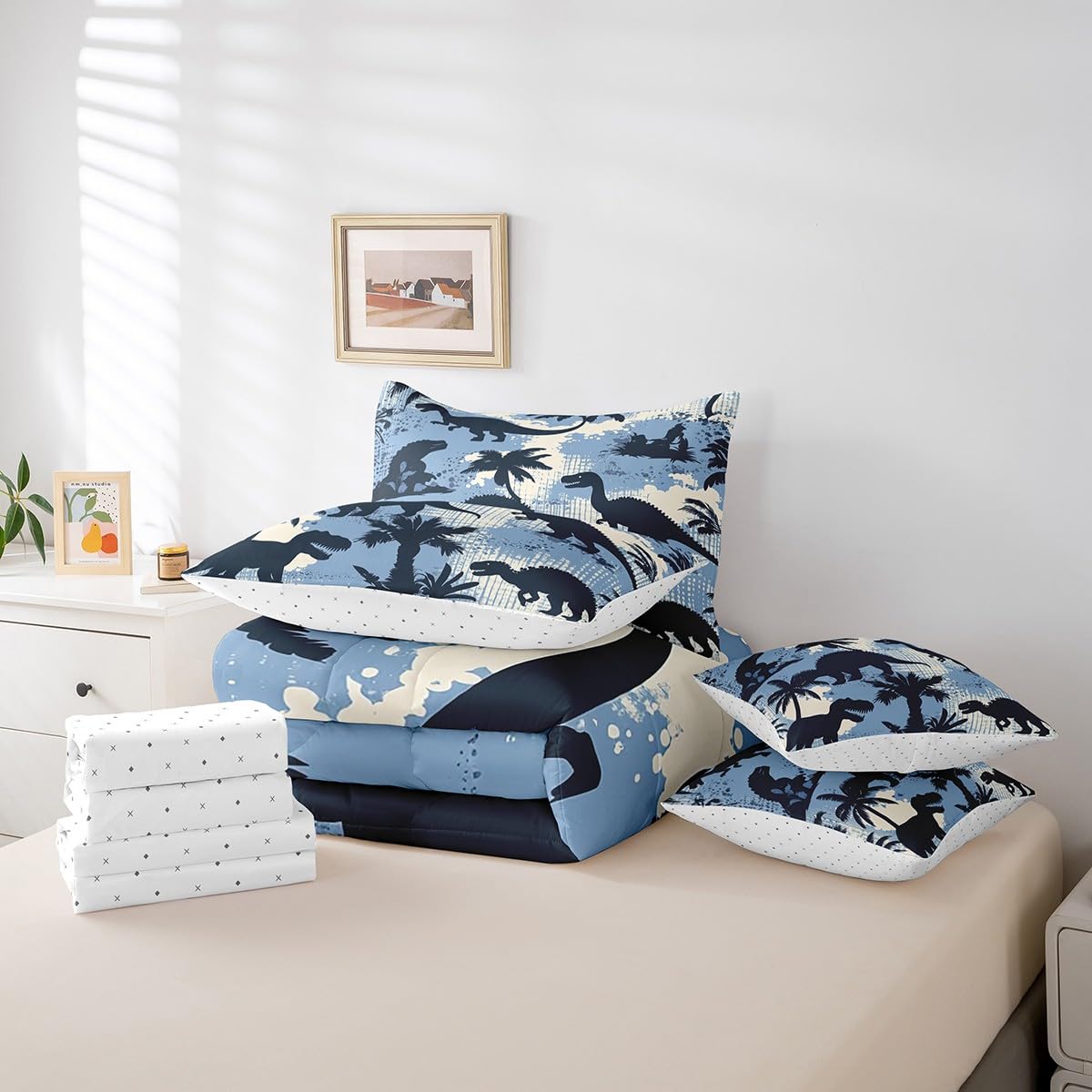 Erosebridal Dinosaur Comforter Set 7 Piece Bed in a Bag Twin,Camouflage Blue Bedding Sets Abstract Dino Sheet Set with Comforter,Jungle Wildlife Wild Animals Bed Set