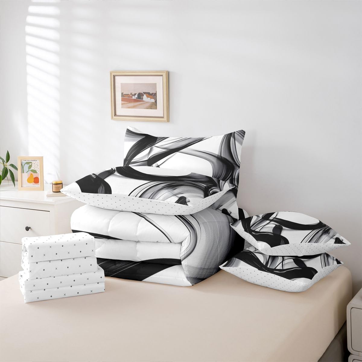 jejeloiu Abstarct Comforter Set with Sheets 7 Piece King Size Stripe Line Bedding Set for Kids Boys Girls Modern Art Bed in a Bag Room Decor Soft Lightweight Microfiber