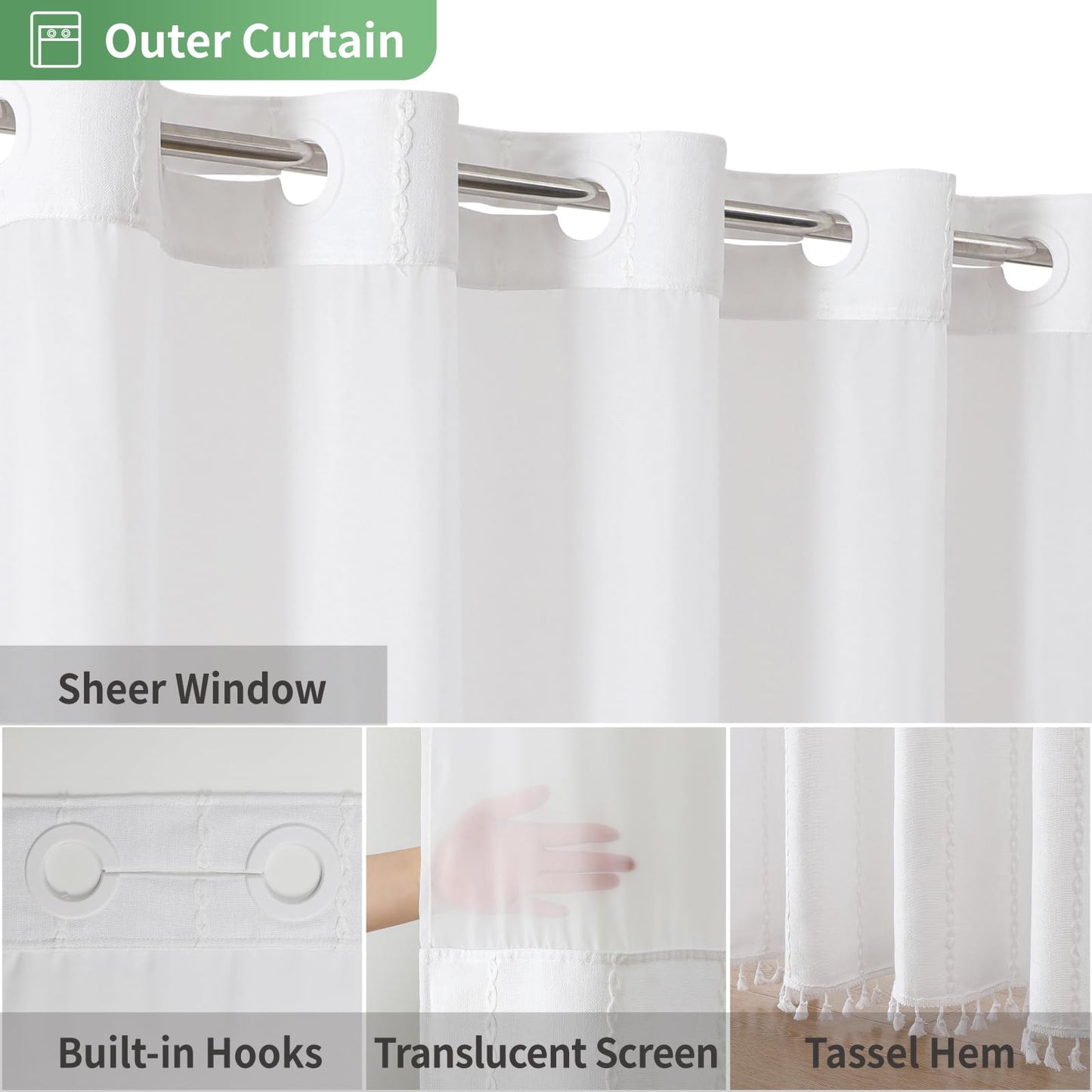 eachope White Farmhouse No Hook Shower Curtain Set with Snap-in Fabric Liner,Boho Heavy-Duty Linen Textured Rustic Striped Design,Water-Repellent with Tassels and Sheer Window,71x74