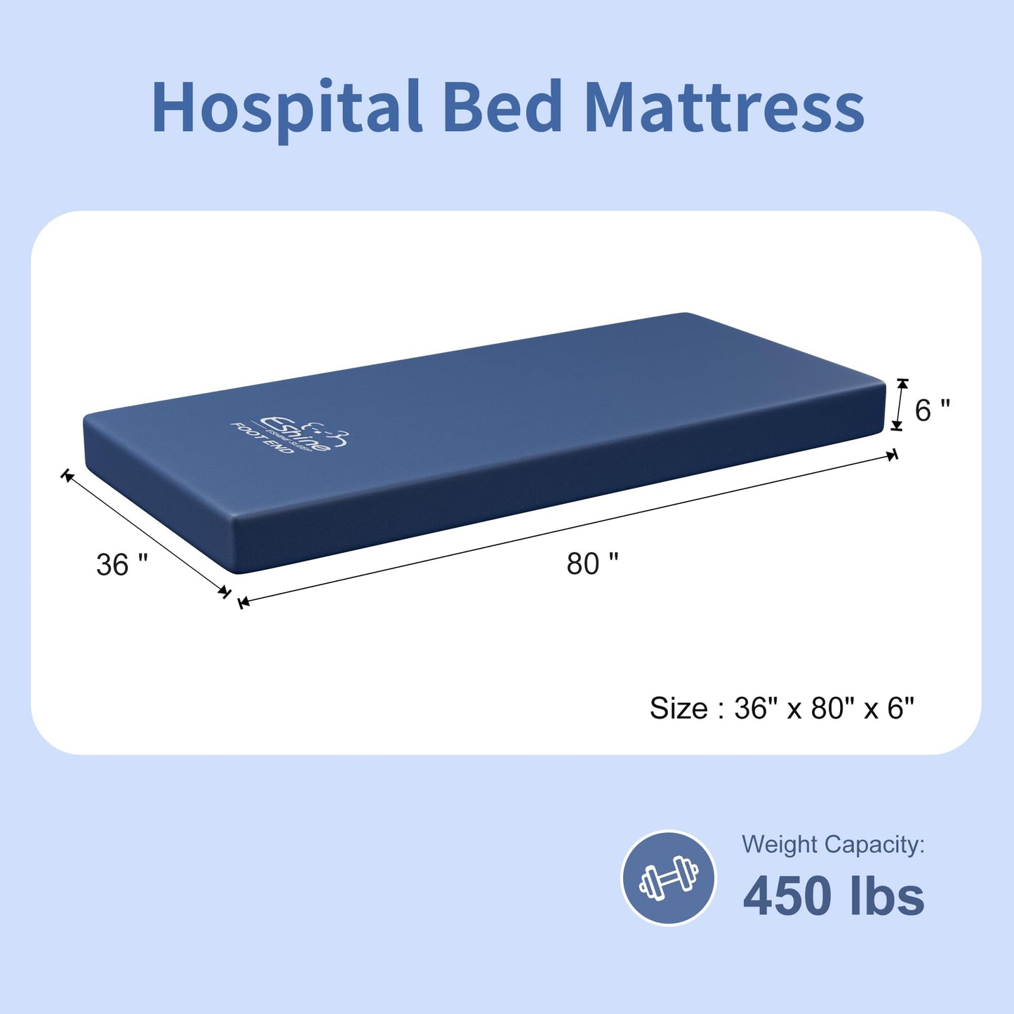 ESHINE Hospital Bed Mattress - Medical Bed Mattress for Back Pain with Waterproof Cover, Home Care Memory Foam,80" x 36" x 6", Maximum Weight 450 lbs