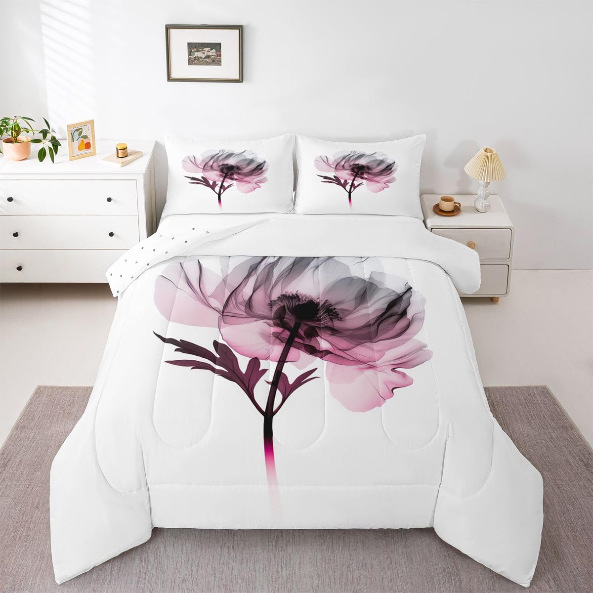jejeloiu Abstract Flowers Comforter Set Toddler Size Modern Art Bedding Set for Kids Boys Girls Floral Pink Duvet Quilt Bedroom Decor Microfiber 2 Pcs with 1 Pillow Cases