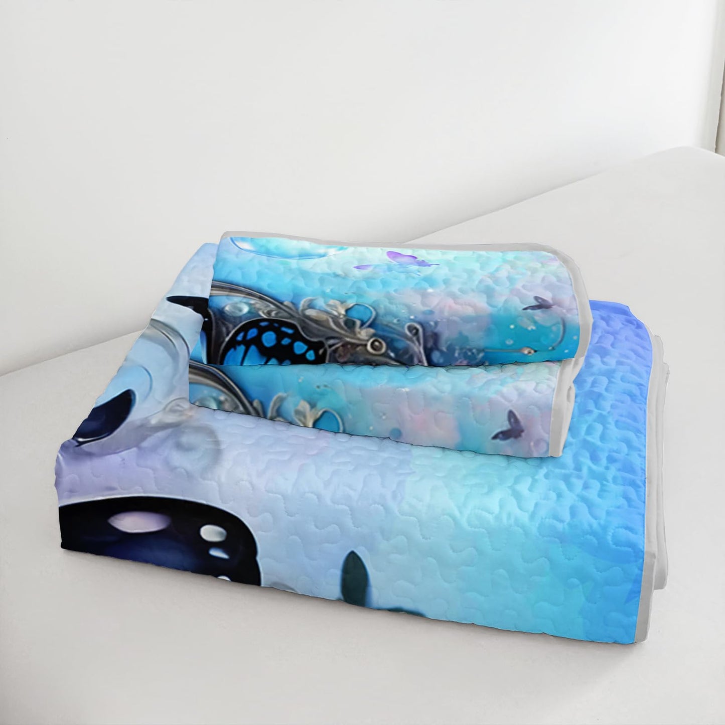 QOOMO Cartoon Butterfly Kids Quilt Set,Dreamy Bubbles Print Bedding Set Twin Size,Blue Room Decoration Soft and Lightweight for All Seasons,1 Quilt Set 2 Pillowcases