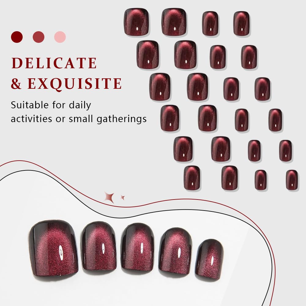 evpct Wine Red Cat Eye Extra Short Press on Nails Square No Glue, Petite Short Square Stick on Nails for Women, Black Wine Red Metallic Glitter Glossy Reusable Press on Acrylic Fake Nail with Designs