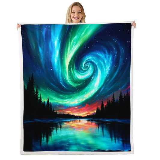 Natural Aurora Sherpa Blanket Dreamy Galaxy Arctic Aurora Fuzzy Plush Throw Gradient Starry Sky Fleece Blanket Twin Size For Kids Adult Women Men Green Blue Tranquil Night Sky Decor For Sofa Couch