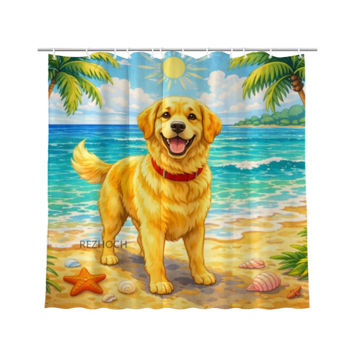 REZHOCH Cute Dog Shower Curtain 72x72Inch,Funny Golden Retriever Happy Holiday Beach Ocean Sunshine Coastal Home Bathroom Decor,Pet Summer Animal Bath Set Waterproof Fabric with Hooks