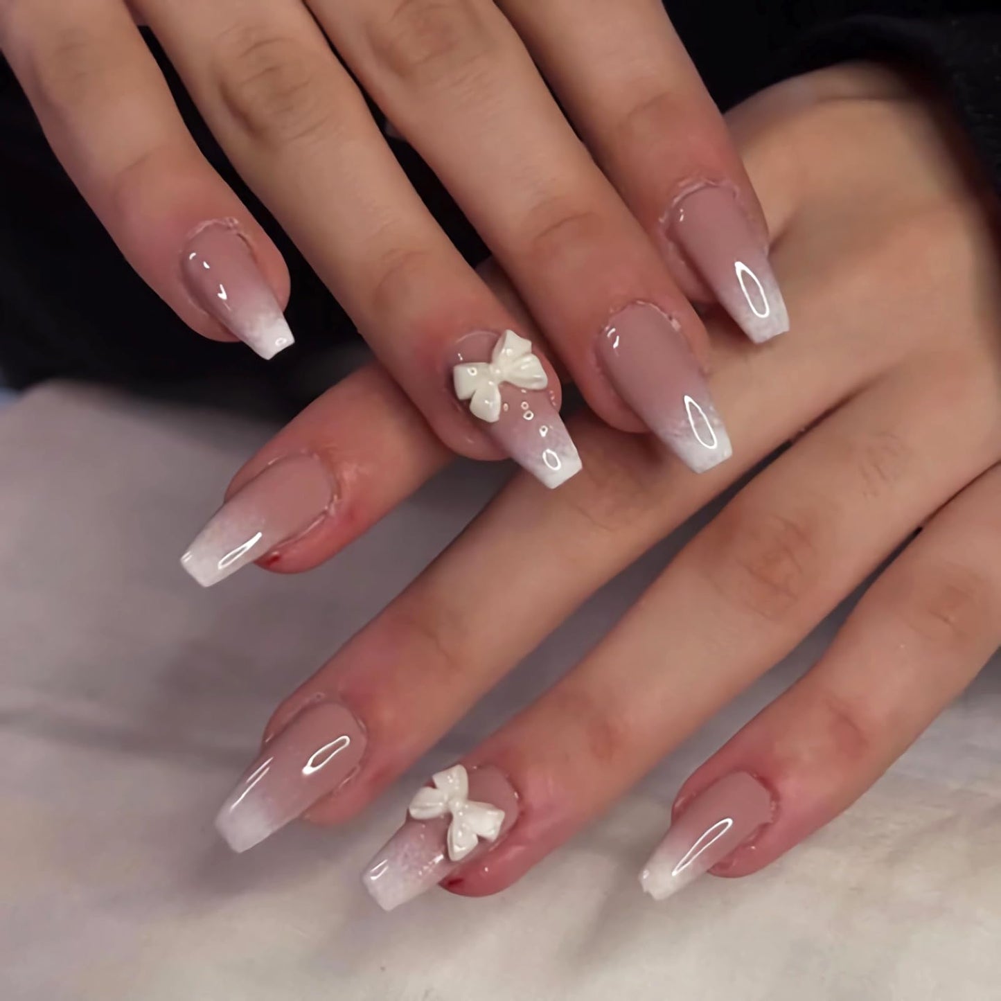 MERVF Long Press on Nails Coffin - White Ombre French Tip Fake Acrylic Nail Glue ons, 3D Bow Design 24pcs Glossy Finish