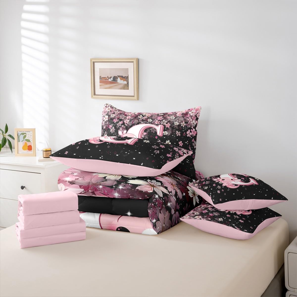 Erosebridal Twin Size Pink Black Alphabet C Bed in A Bag with Cute Axolotl Design - Japanese Cherry Blossom 7 Pieces Bedding Set Cute Axolotl Comforter Set with Sheets Initial Letter Gift for Her