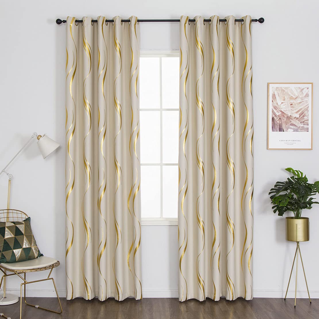 MYRU 2 Panels Set Foil Print Striped Curtains for Living Room Bedroom (Beige and Gold, 2 x 54Wx84L)