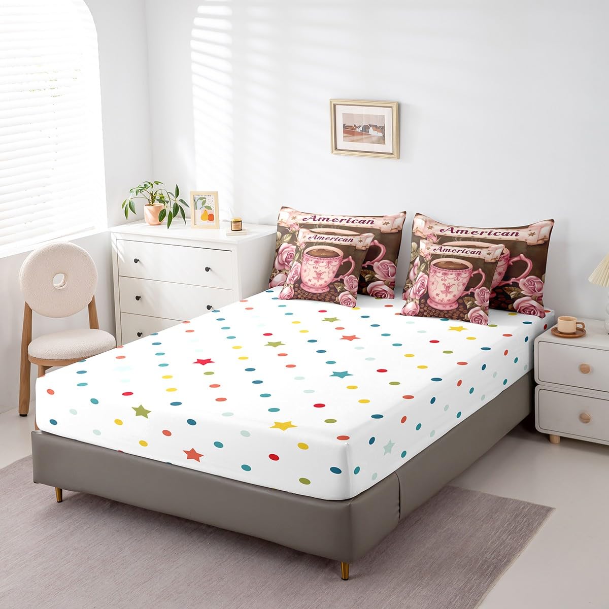 Erosebridal American Coffee Comforter Set Full Size,Oil Painting Rose Bedding Set for Kids Teens,Coffee Bean (Comforter+Fitted+Flat Sheet+2 Pillowcases+2 Throw Pillow Covers) 7 Pieces Bed Set