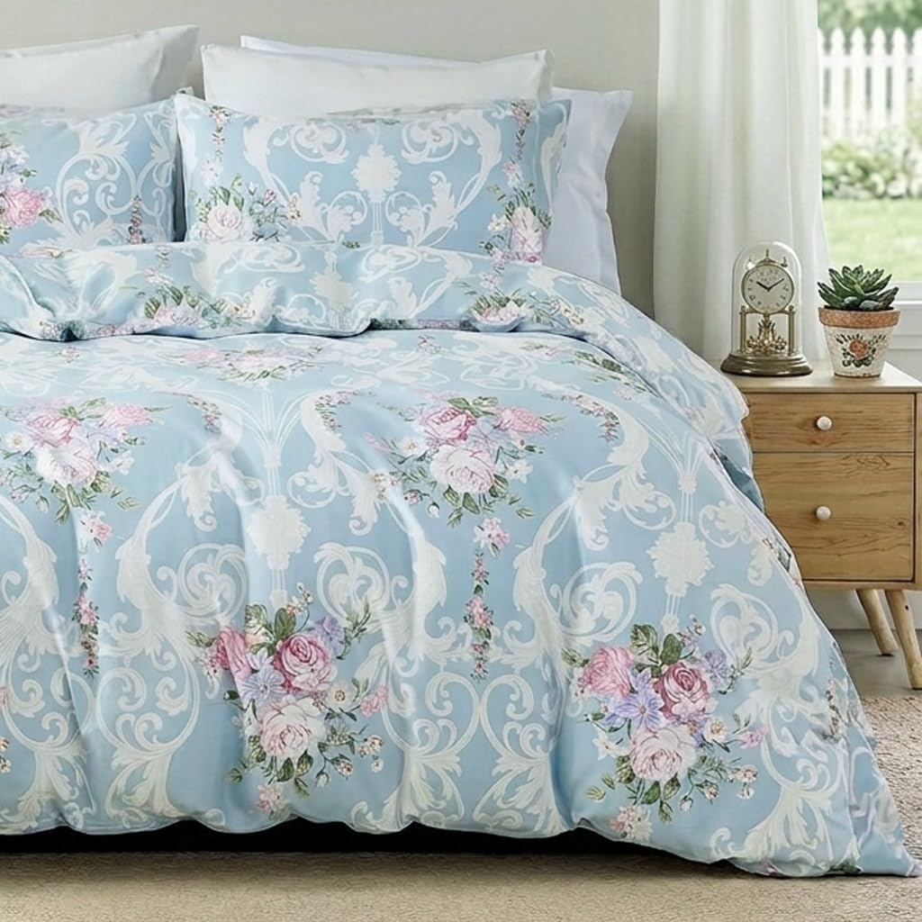 Cozaline Floral Duvet Cover Set King Size 100% Nature Cotton Blue Comforter Cover with Pink Floral, 3 Pieces Breathable & Soft Aesthetic Bedding Set with Zipper Closure