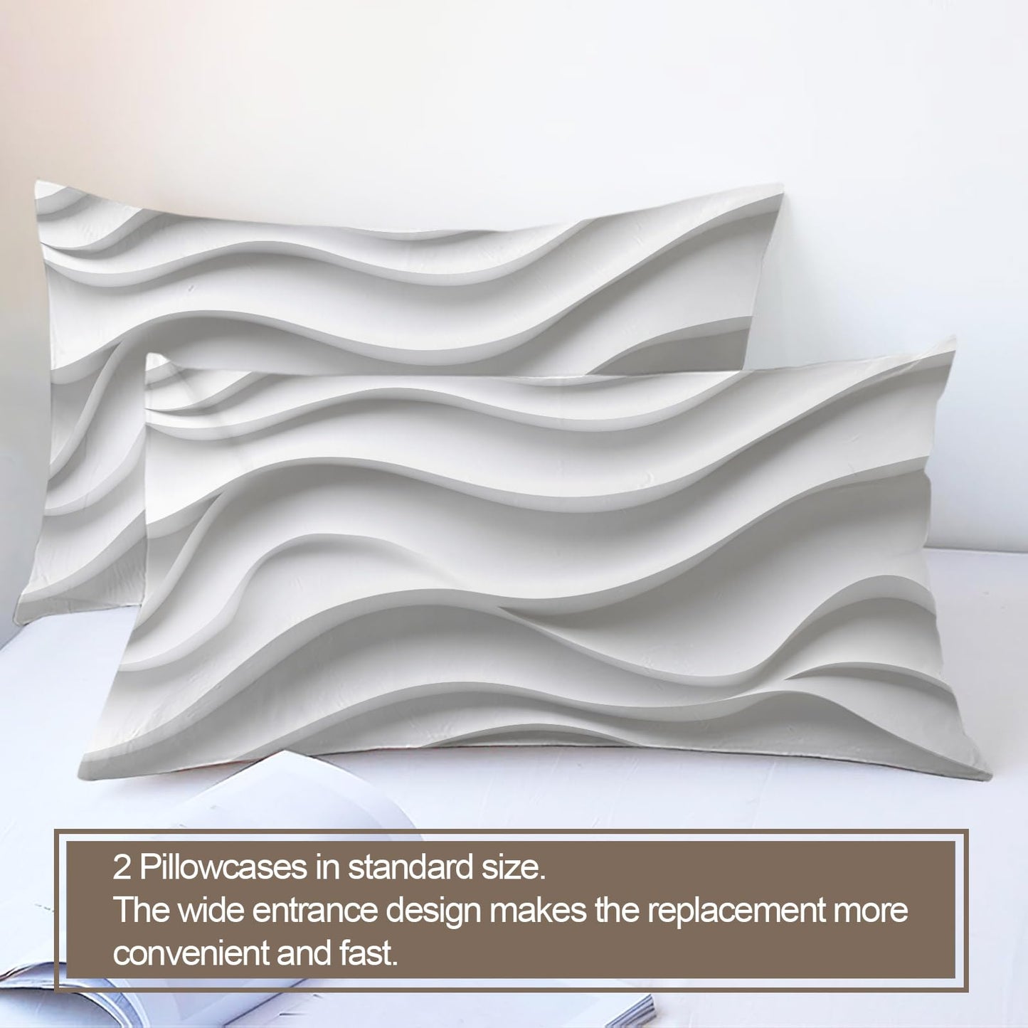 PAISUOQ 3D Stripes Duvet Cover Queen, White Waves Bedding Sets, Modern & Simple Comforter Cover with 2 Pillowcases, 3 Pieces with Zipper & Ties, Dorm Decor & Gifts