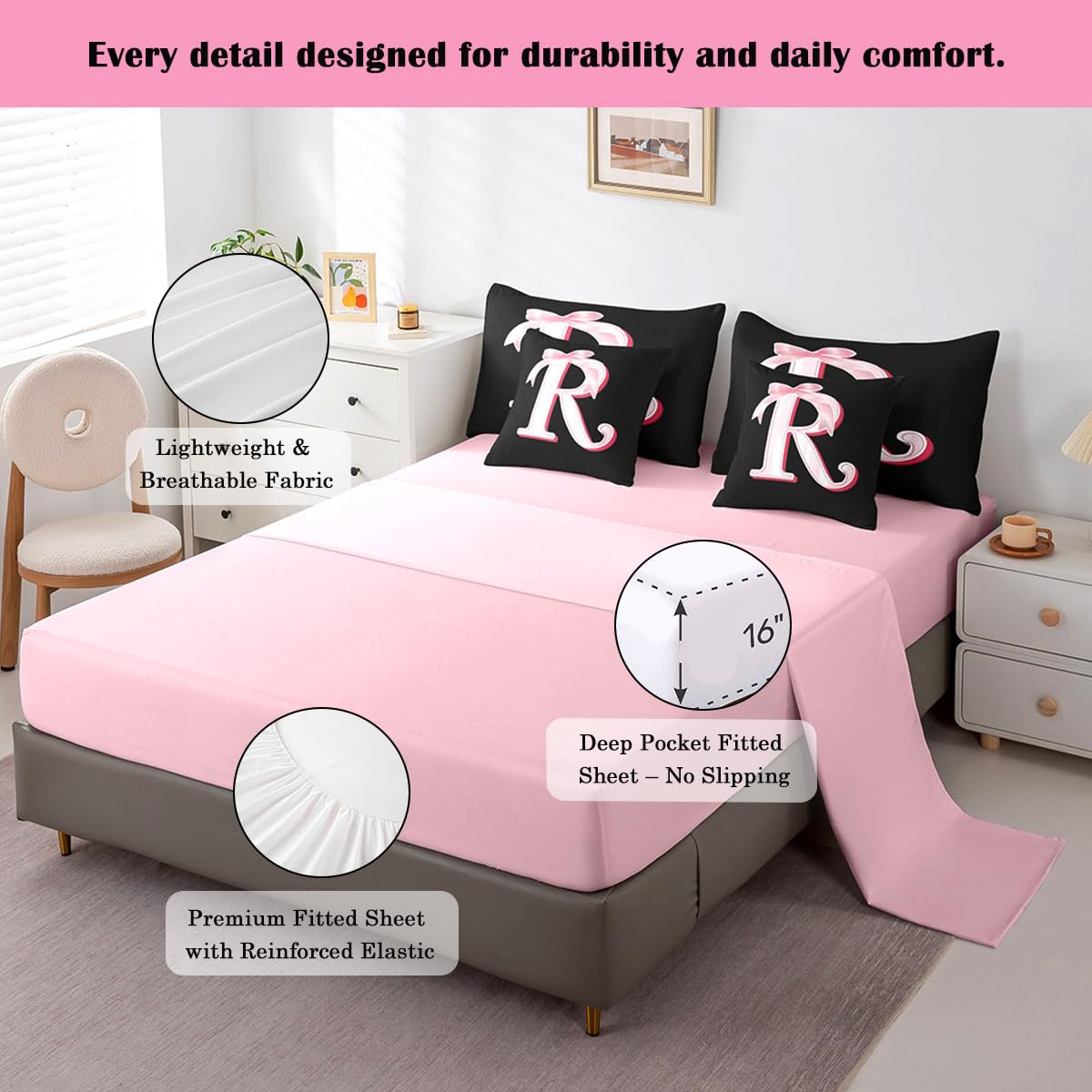 jejeloiu Kawaii Pink Bow Twin Comforter Set with Sheets,Gifts for Women Teen Girl,Personalized Initial Letter R 7 Piece Bedding Set,Soft Monogrammed Bed in a Bag with Comforter,Sheets,Pillowcases