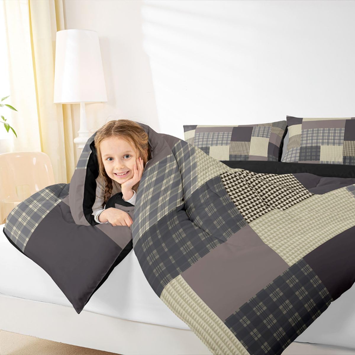jejeloiu Plaid Comforter Set Queen Size Farmhouse Patchwork Bedding Set for Kids Boys Girls Rustic Lodge Cabin Duvet Quilt Check Checkered Bedroom Decor Microfiber 3 Pcs with 2 Pillow Cases