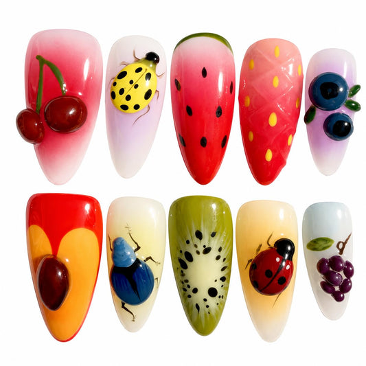 Handcrafted Press On Nails 3D Stereo Fruit and Insect Theme Fun Cherry Strawberry Kiwi Shape 100% Handmade Realistic Artistic Hand Nail Gifts For Women (3D Fruit Insect, Medium M)