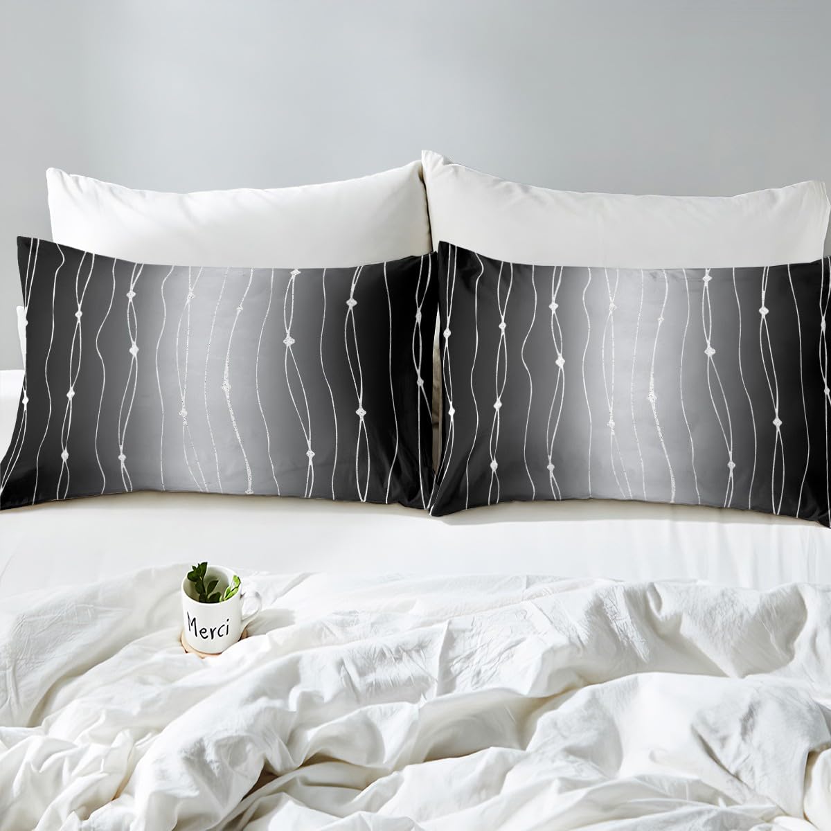 Erosebridal Black and Grey Bed Sheets Set Gradient Ombre Queen Size Sheet Sets, Wave Lines Dots Sheets Aesthetic Bed Set Modern Abstract Flat Sheet Bedroom Decoratives 4-Piece