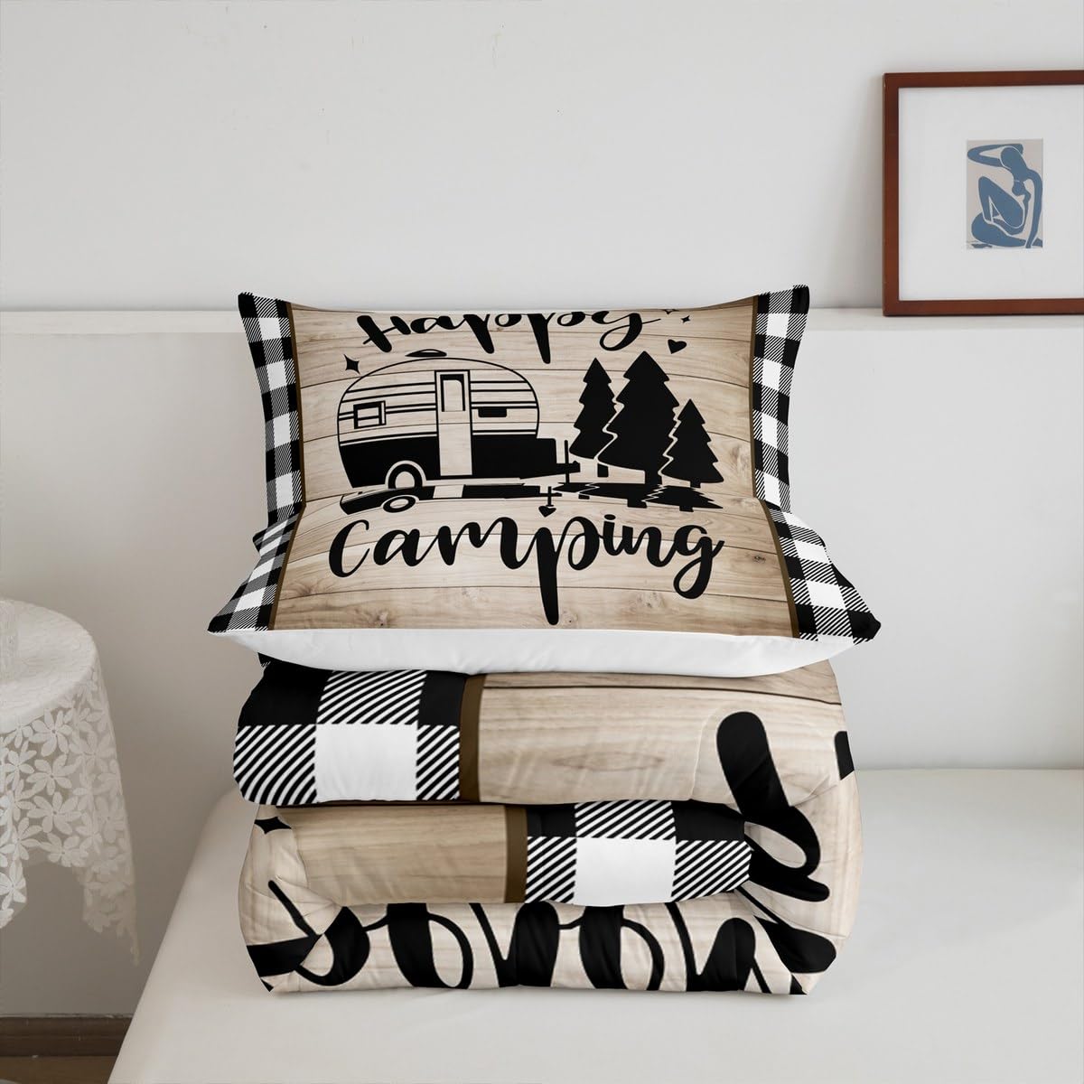 Grid Camper Comforter Set Queen Size for Kids Teens Adults Home Room Decor,Brown Rustic Farmhouse Barn Bedding Set 3pcs,Cartoon RV Trailer Pine Quilt Set Happy Camping Duvet Insert,2 Pillowcases