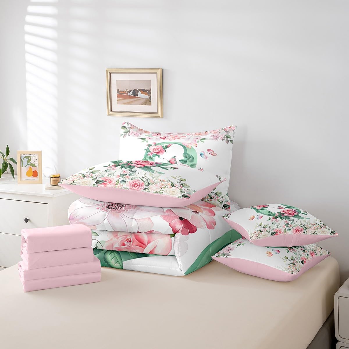 Erosebridal Initial Alphabet Bed in A Bag for Kids Boys Girls,Green Watercolor Letter Bedding Set Personalized Letter Twin Comforter Set 7 Piece Pink Flowers Garden Plants Sheet Set with Comforter