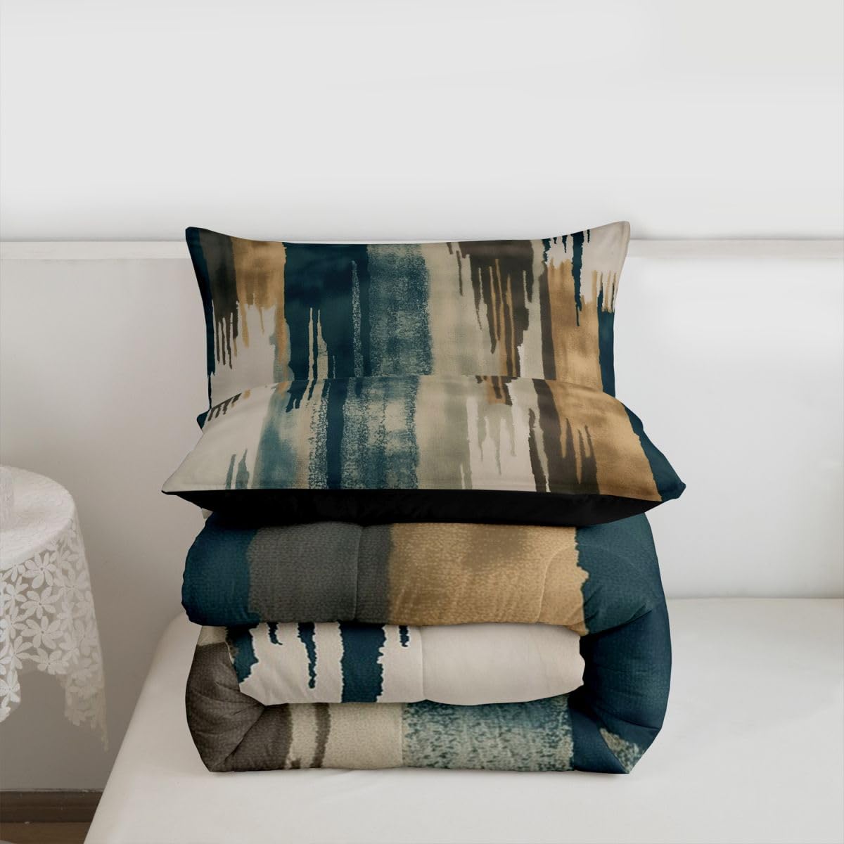 jejeloiu Blue Brown Abstract Kids Comforter Set Queen Size Modern Art Bedding Set Splash Ink Abstract Duvet Quilt for Kids Boys Girls Bedroom Luxury Decor Microfiber Ultra Soft Breathable