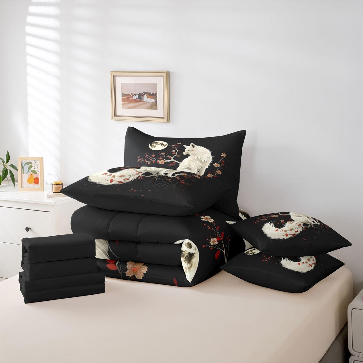 7 Pieces Twin Size White Fox Comforter Set,Japan Ukiyo-e Cherry Blossom Bedding Set for Boys Girls,Exotic Animal Rustic Farmhouse (Comforter+Fitted+Flat Sheet+2 Pillowcases+2 Throw Pillow Covers)
