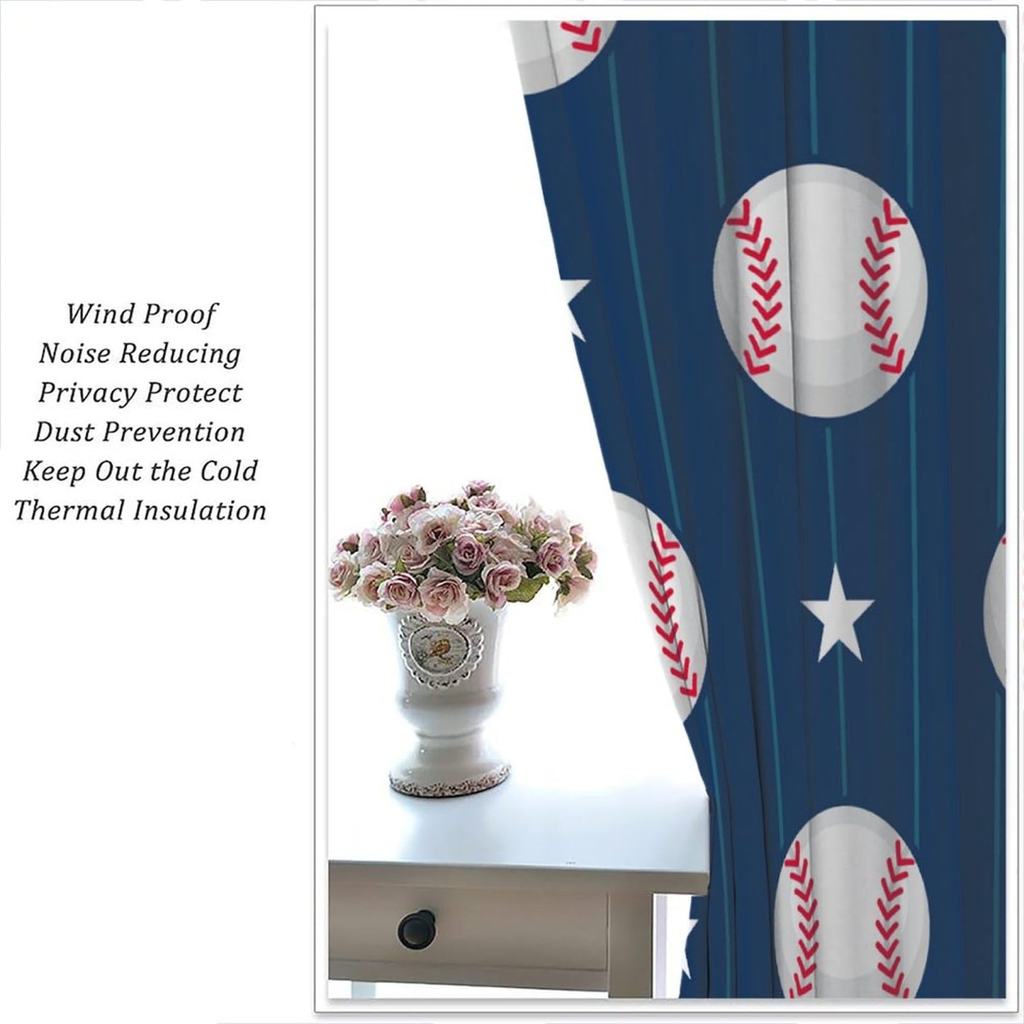 Baseball Curtains Home Décor,Sports Themed Darkening Window Treatments for Teens Girls Boys Bedroom Living Room Drapes 2 Panel Sets Total Size 42" x 45" Blue