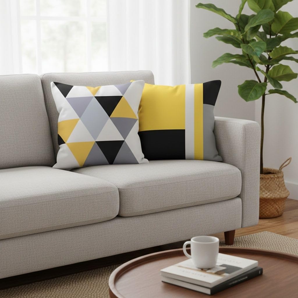 Hopomoon Yellow and Gray Abstract Throw Pillow Covers 18x18 Inch Set of 4,Modern Geometric White Linen Decorative Pillowcases for Couch, Sofa, Living Room, Farmhouse Home Decor