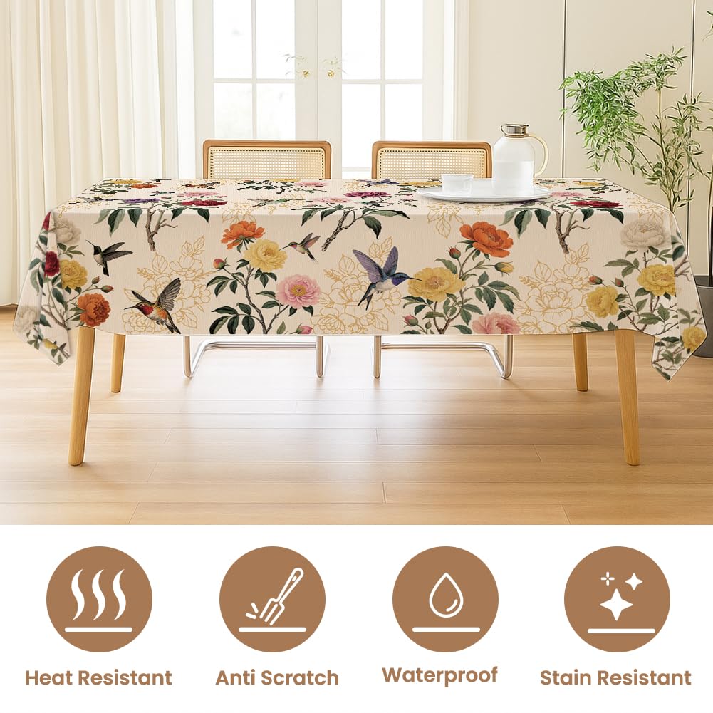 ANATTASOUL Hummingbird and Peony Rectangle Table Cloth Waterproof 6ft Fall Spring Summer Tablecloth, 84"x60" Stain Resistant and Wrinkle Free Table Cover for Dining Party Buffet Camping Wedding