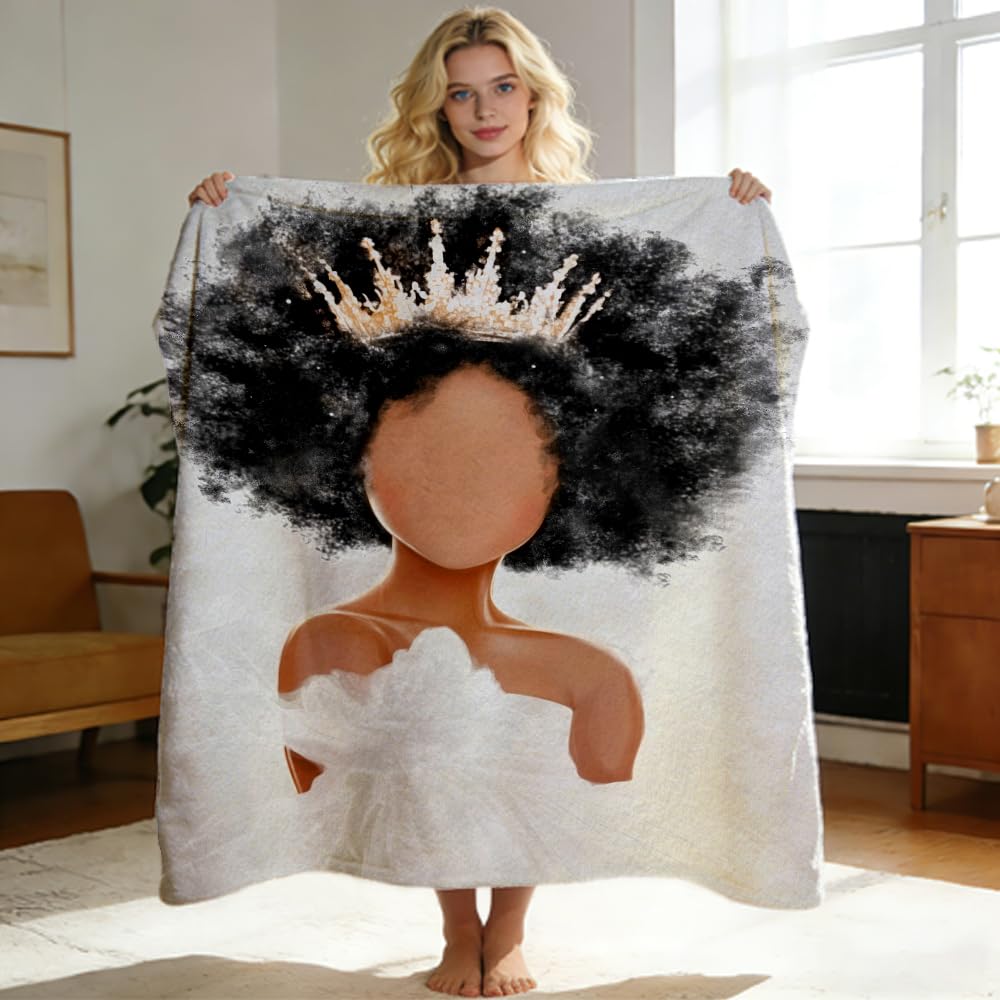 ZHOUSHUTONG Black Woman Crown Throw Blanket African Queen Flannel Blankets Golden Crown Plush Throw Black Girl Empowering Print Throws for Living Room Bedroom Lounging Home Decor 49"x59"