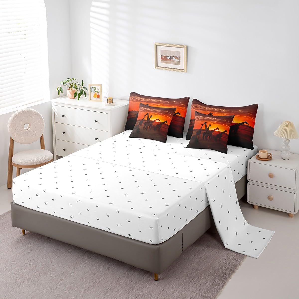 Erosebridal Giraffe Comforter Set 3D Giraffe Printed Bedding Sets 7 Piece Twin Natural Sunrise Scenery Bed in A Bag Jungle Wildlife Quilt with Flat Fitted Sheet Safair African Animals Pillow Covers