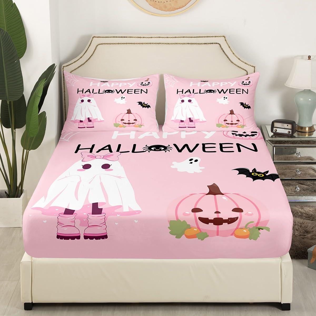Pumpkin Bat Pink Fitted Sheet Set with 2 Pillowcase,Cartoon Ghost Microfiber Mattress Cover,Girly Halloween Bed Cover Queen Size(No Flat Sheet)