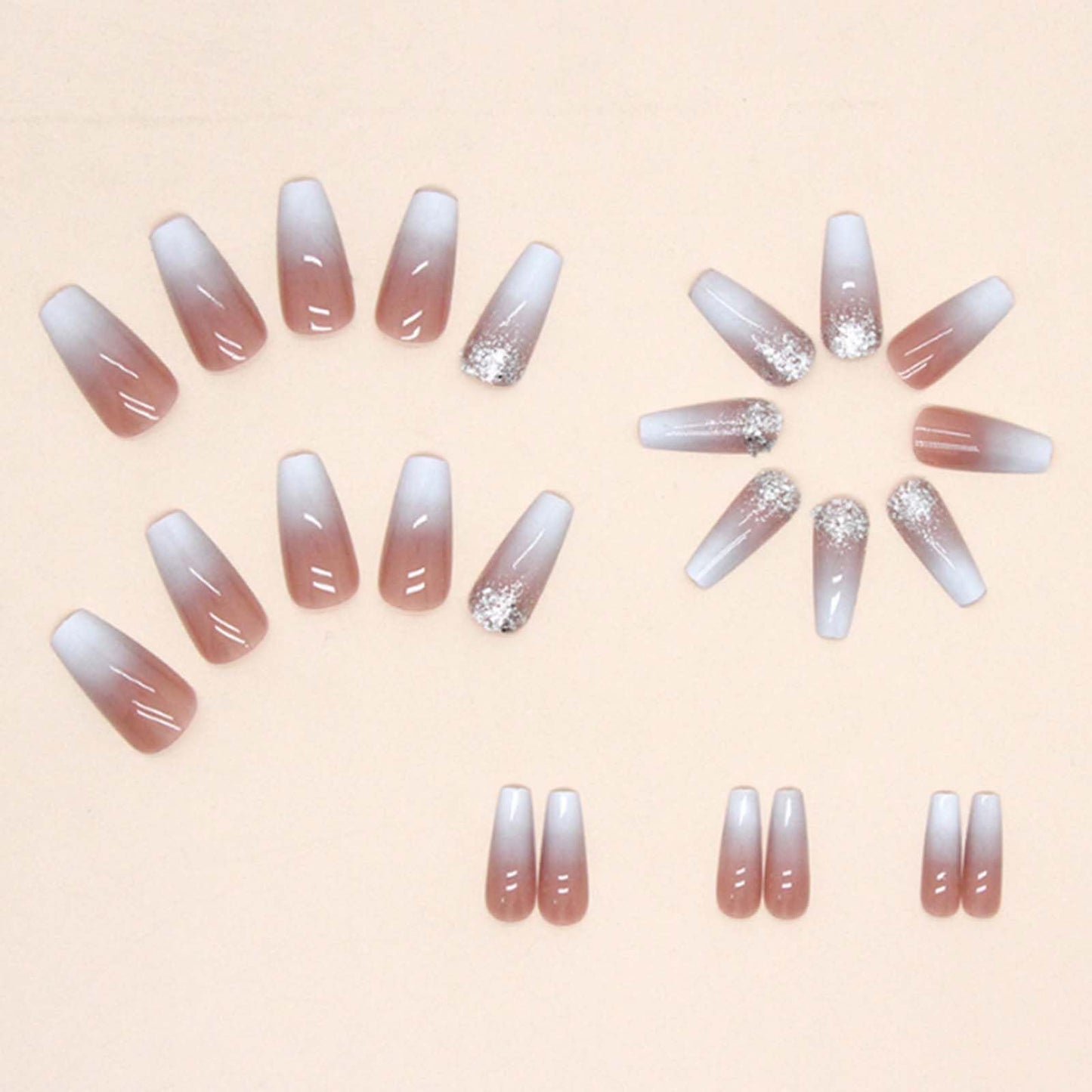 Gifiky Bling Fake Nails Long Coffin Press on Nails Gradient Cute Nails Tips Acrylic Full Cover Ballerina False Nails Nude for Women and Girls 24Pcs