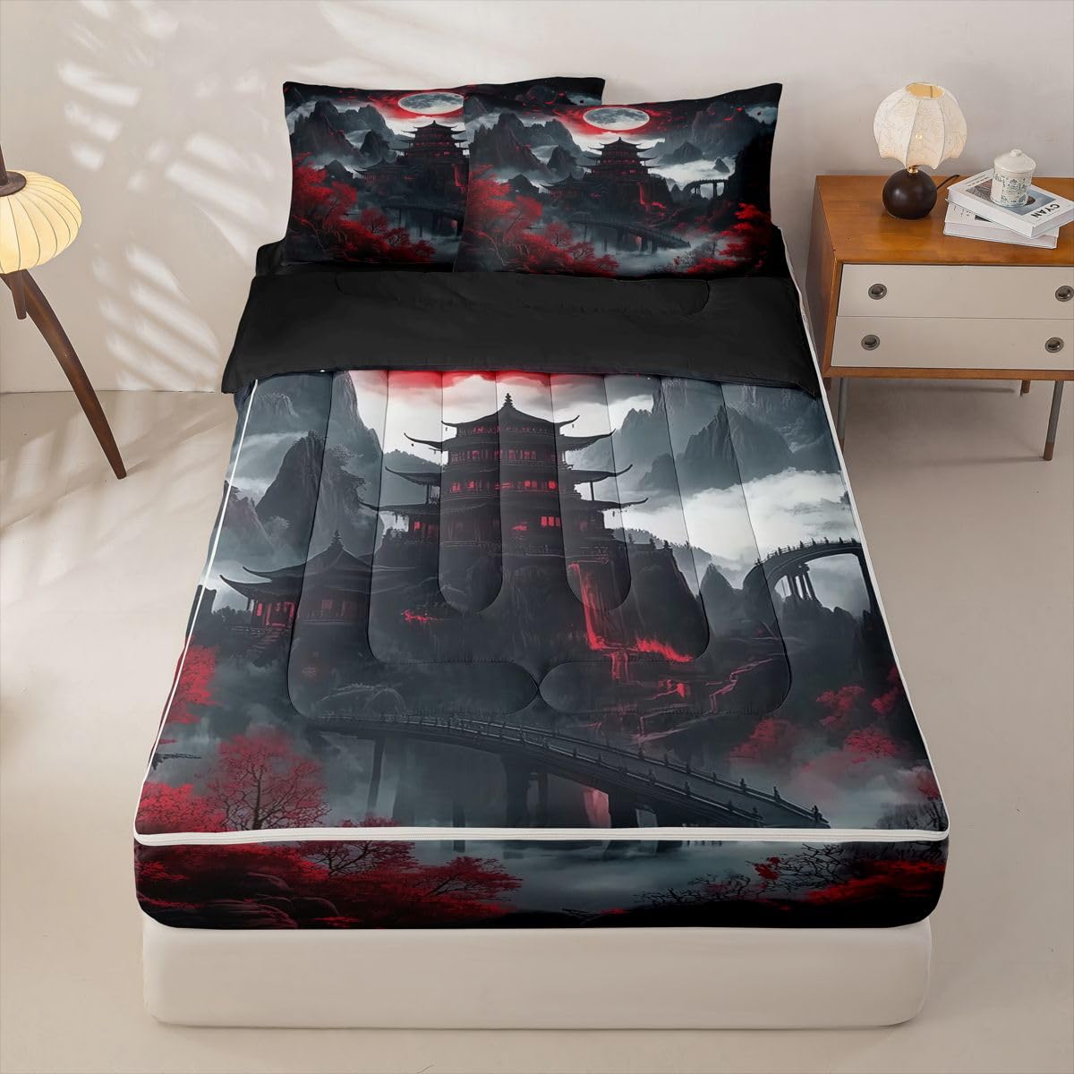 Erosebridal Japanese Anime Zipper Bedding Moon Cherry Blossom Twin Bed in a Bag Set for Boys Girls Teen Vintage Nature Mountain Kids Comforter Set with Fitted Sheet Red Black Zip Up Bedding