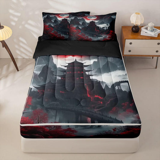 Erosebridal Japanese Anime Zipper Bedding Moon Cherry Blossom Twin Bed in a Bag Set for Boys Girls Teen Vintage Nature Mountain Kids Comforter Set with Fitted Sheet Red Black Zip Up Bedding